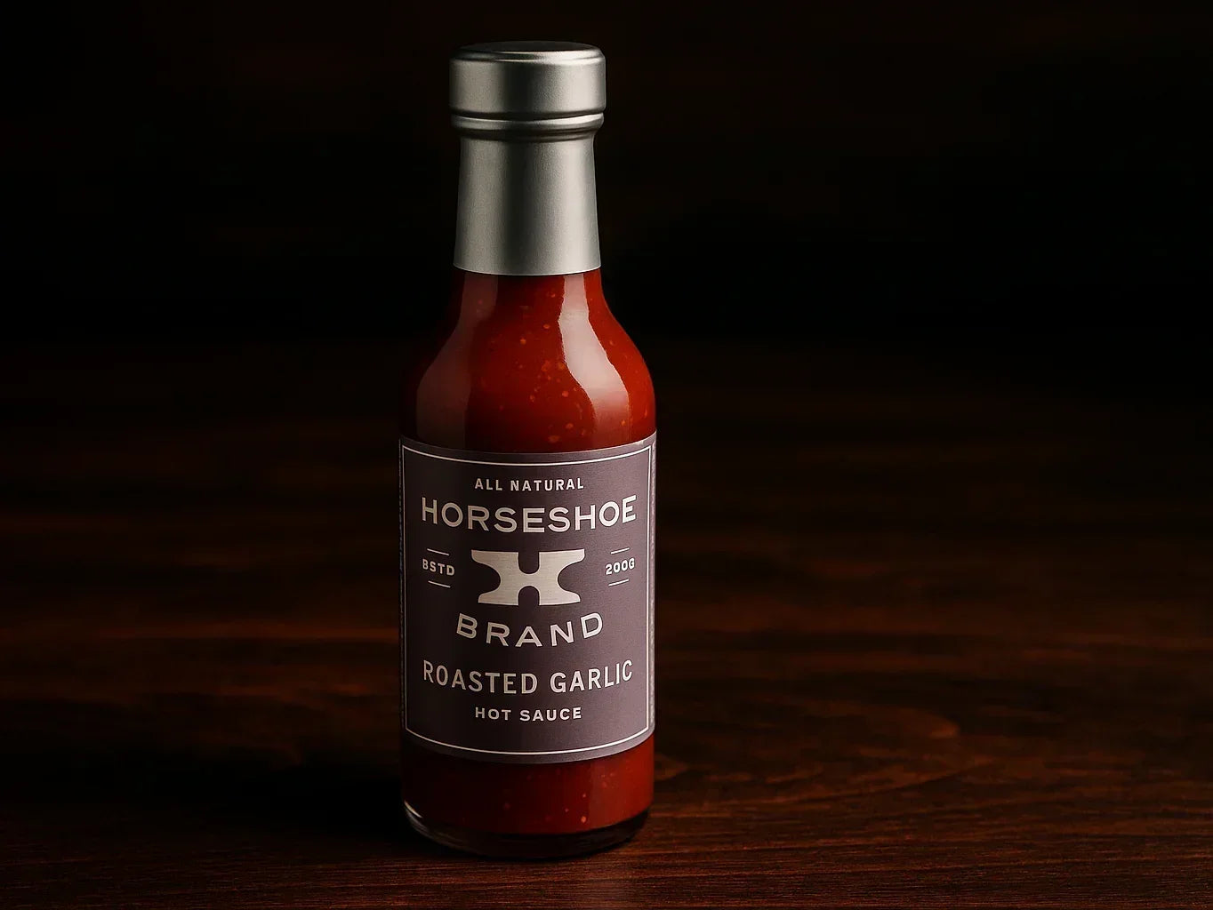 Bottle of Horseshoe Brand roasted garlic hot sauce on dark wooden surface