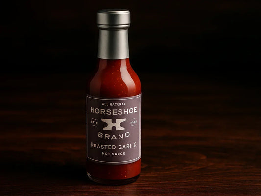 Bottle of Horseshoe Brand roasted garlic hot sauce on dark wooden surface