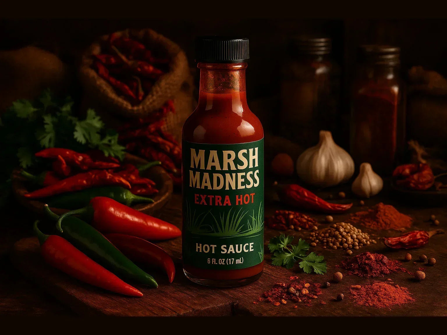 Marsh Madness extra hot sauce bottle in a market setting with fresh chili peppers, garlic, coriander, and spices.