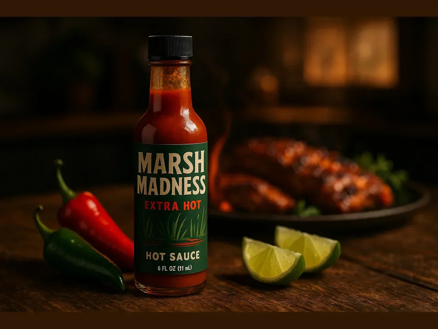 Bottle of Marsh Madness extra hot sauce with fresh chili peppers, lime wedges, and grilled meat