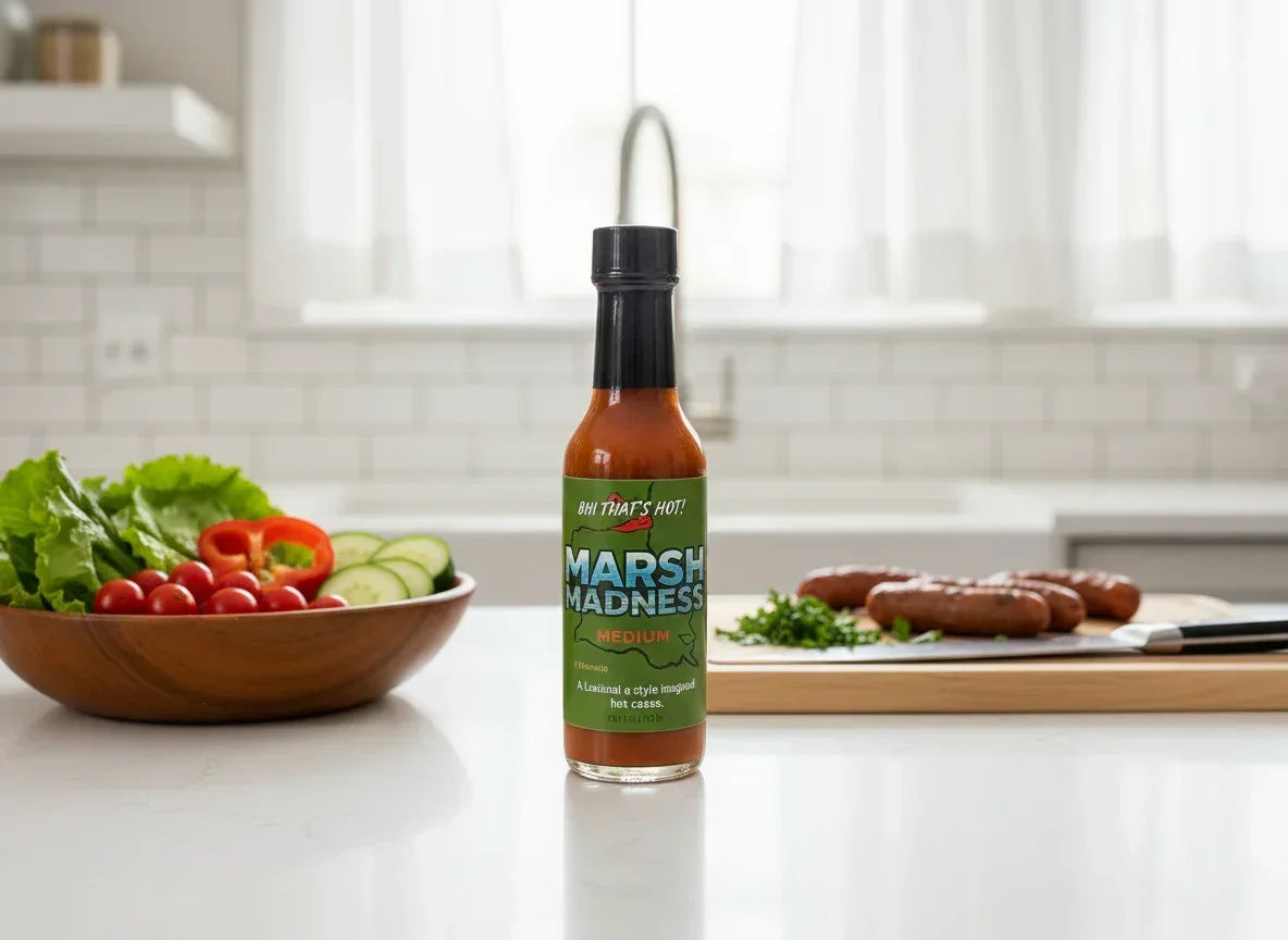 Marsh Madness hot sauce bottle on kitchen counter with fresh vegetables and sausages