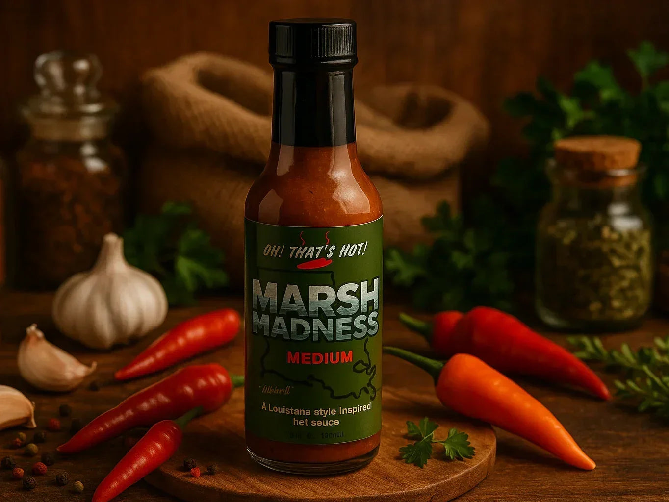Marsh Madness medium hot sauce bottle with red chili peppers, garlic, herbs, and spices in market setting