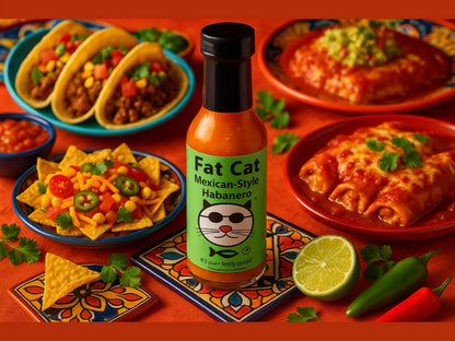 Mexican restaurant table with tacos, enchiladas, nachos, and habanero hot sauce bottle