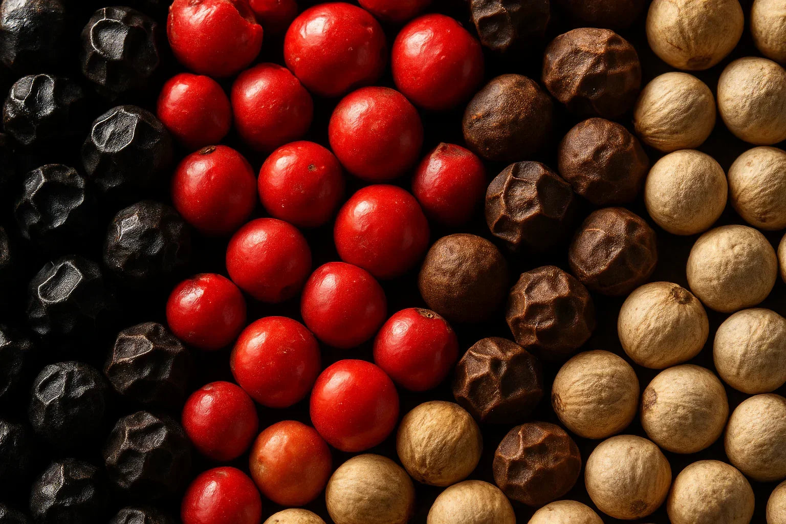 Close-up of mixed peppercorn varieties including black, red, white, and brown peppercorns.