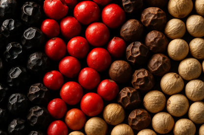 Close-up of mixed peppercorn varieties including black, red, white, and brown peppercorns.