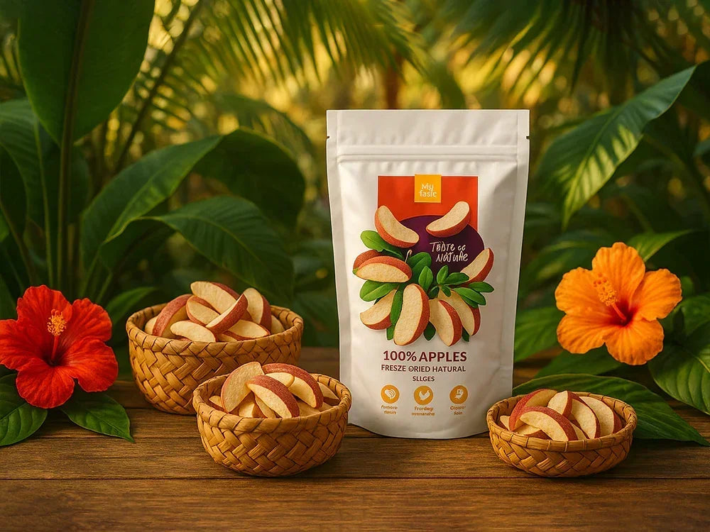 Freeze dried apple slices in woven bowls and MyTaste 100% apples snack bag with tropical flowers