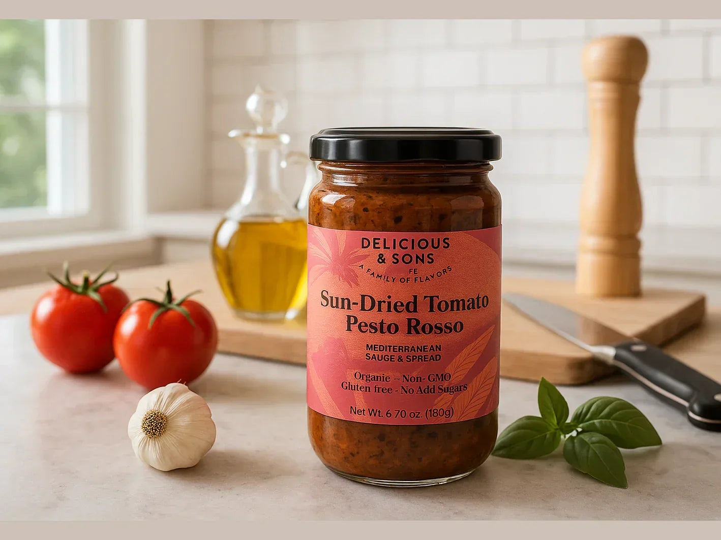 Jar of sun-dried tomato pesto on kitchen counter with fresh tomatoes, garlic, olive oil, basil, and knife