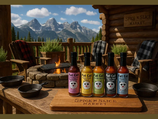 Assorted artisan hot sauces displayed on a wooden table at a mountain cabin BBQ setting