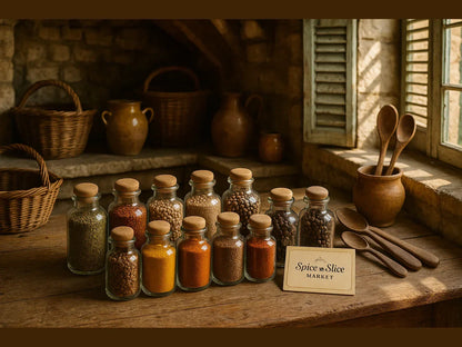 Rustic French country kitchen with spice jars, wooden spoons, baskets and sunlight