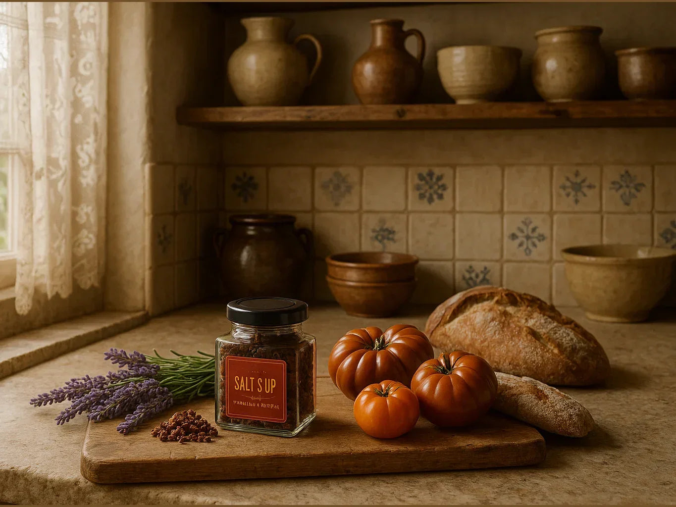Rustic French kitchen with Kampot pepper, tomatoes, lavender, and artisan bread on counter