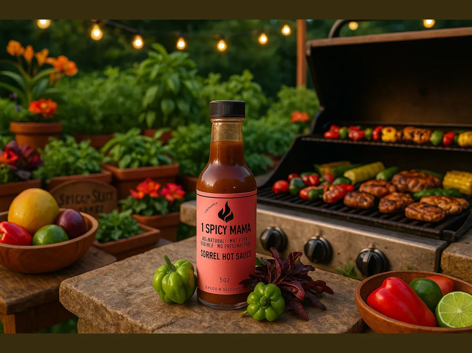 Natural garden BBQ scene with hot sauce bottle, grilled chicken, fresh peppers and herbs