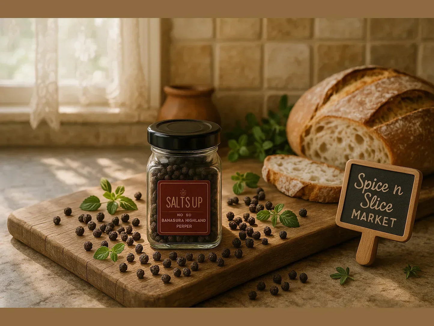 Glass jar of Banasura Highland peppercorns on wooden board with herbs and rustic bread