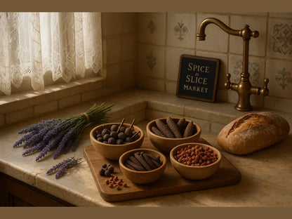 Rustic kitchen counter with wooden bowls of whole spices, fresh bread, and lavender bouquet.