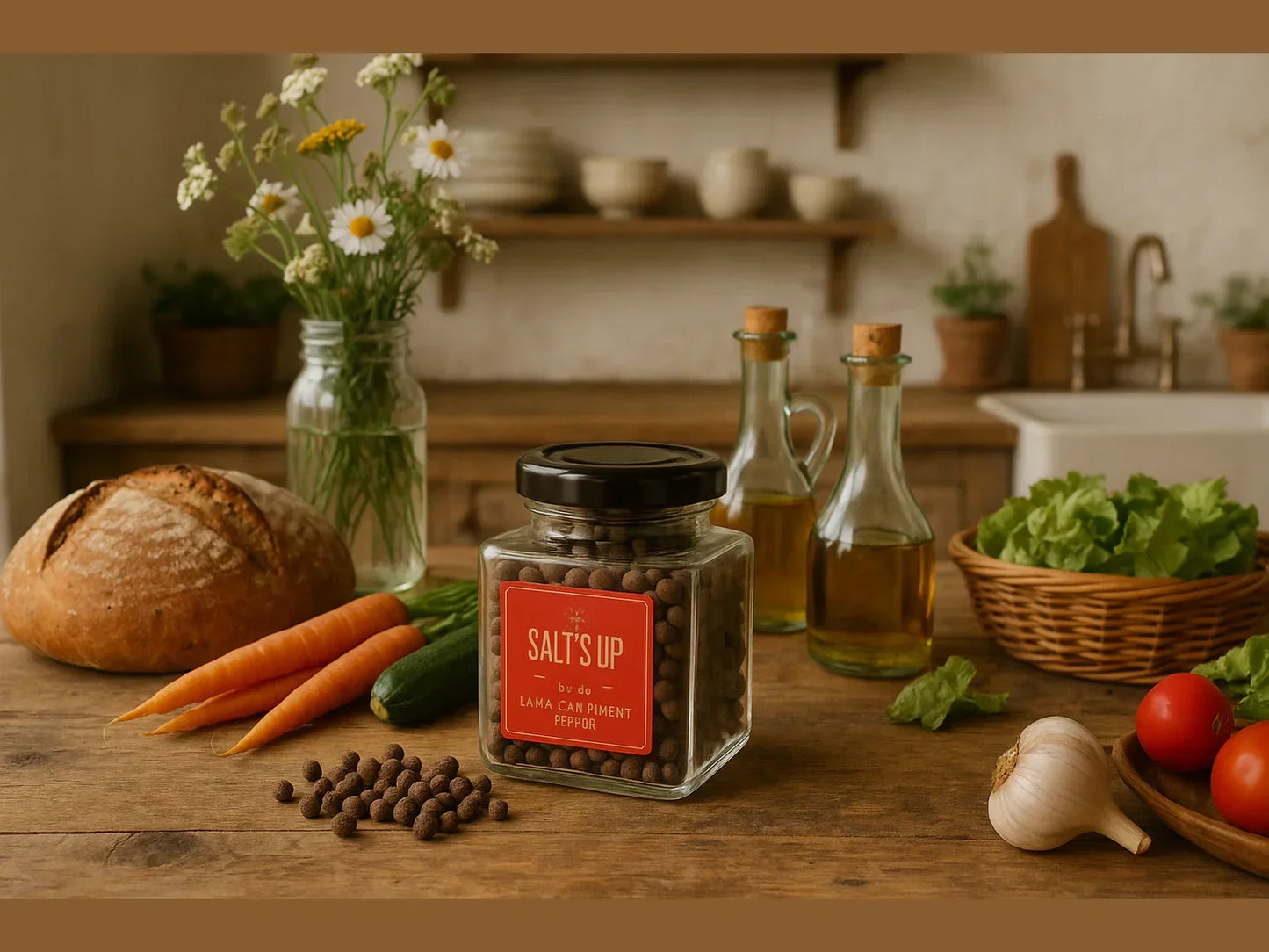 Natural kitchen scene with Kampot pepper jar, fresh bread, carrots, olive oil, and salad greens
