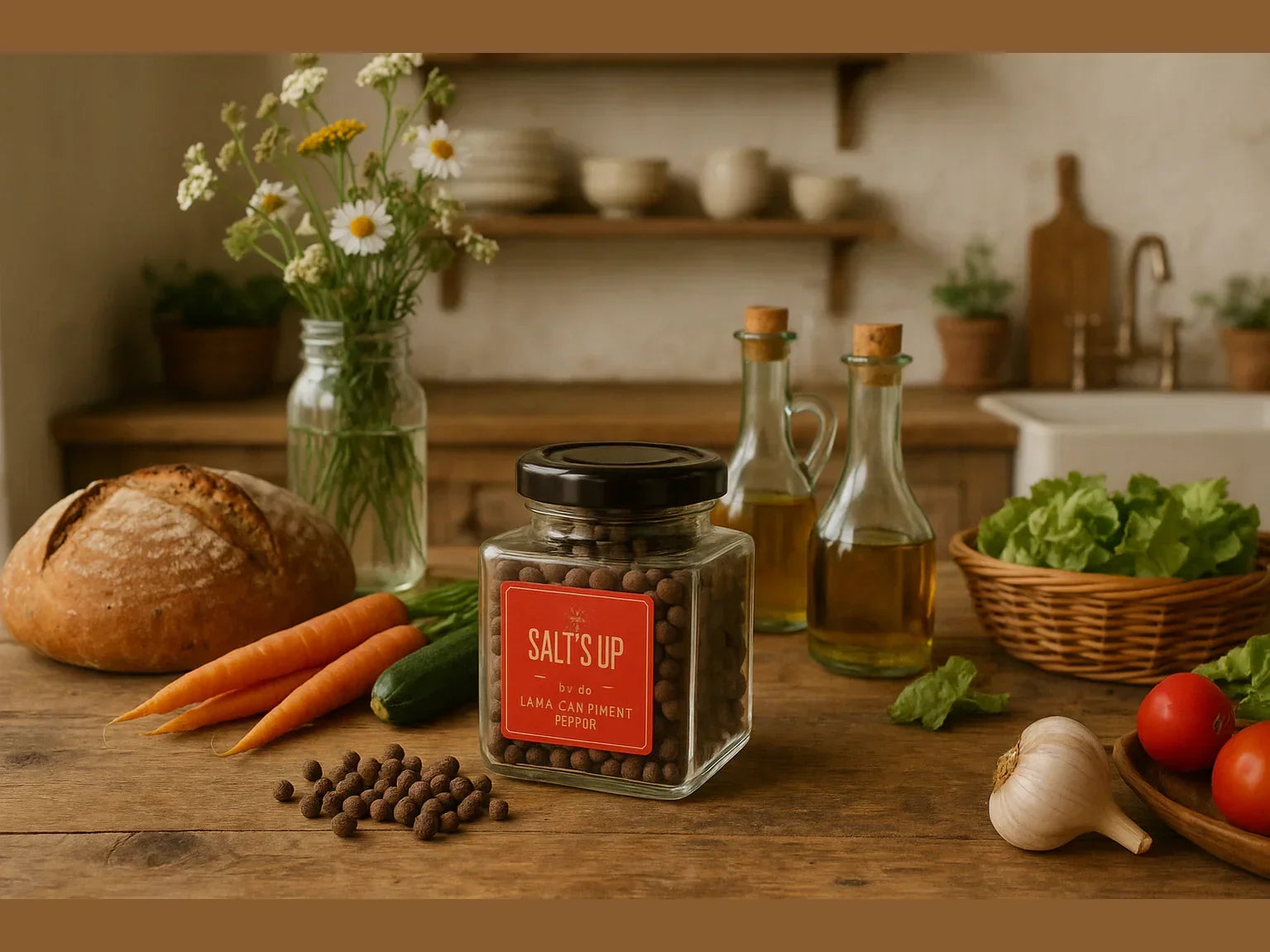 Natural kitchen scene with Kampot pepper jar, fresh bread, carrots, olive oil, and salad greens