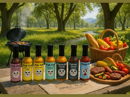 Assorted hot sauces on picnic table with grilled food, fresh vegetables, and BBQ in a sunny park.