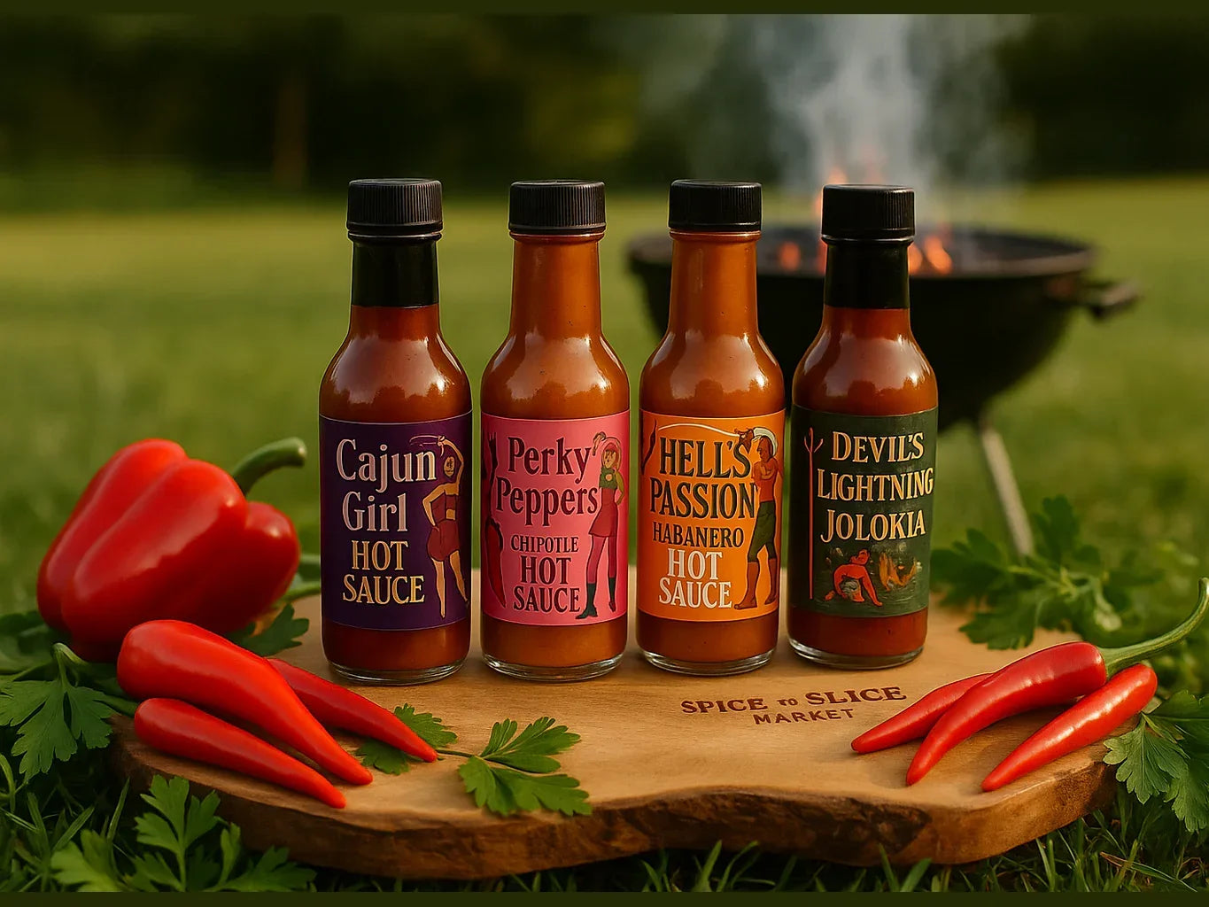 Artisan hot sauce bottles with fresh peppers on a wooden board at an outdoor picnic