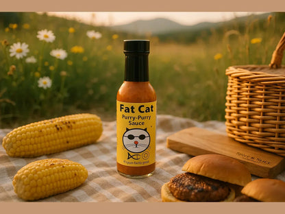 Artisan hot sauce, corn, burgers, and picnic basket on checkered blanket outdoors