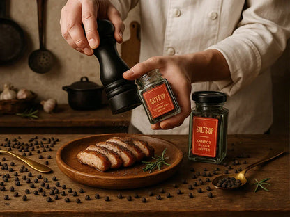 Chef seasoning grilled meat with Kanpot black pepper from SALTS UP jars on wooden table
