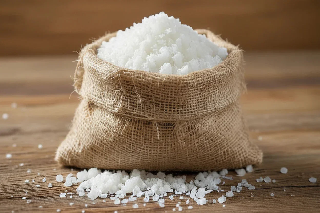 Coarse white sea salt in a burlap sack on a rustic wooden surface