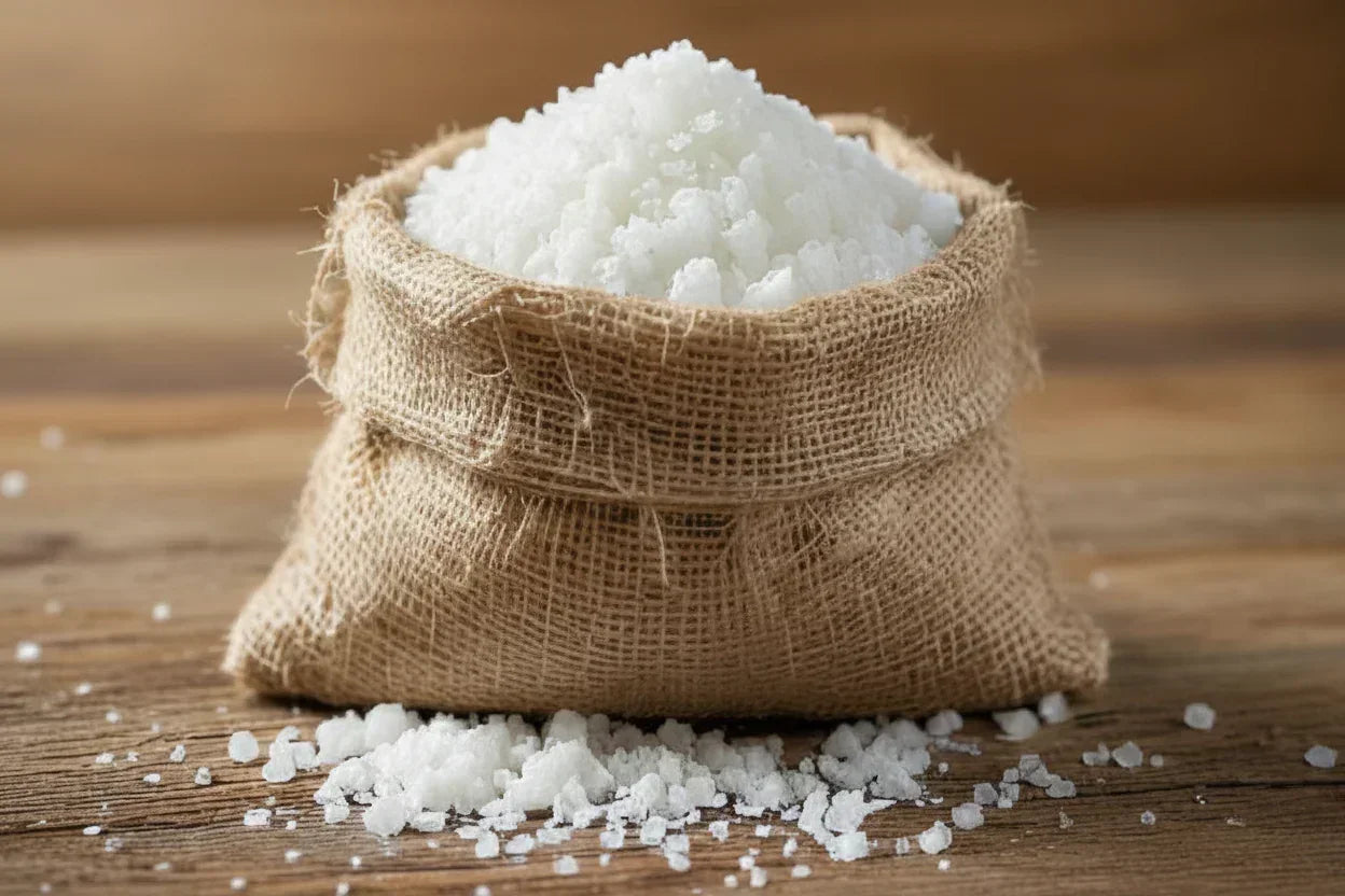 Coarse sea salt in burlap sack on rustic wooden table