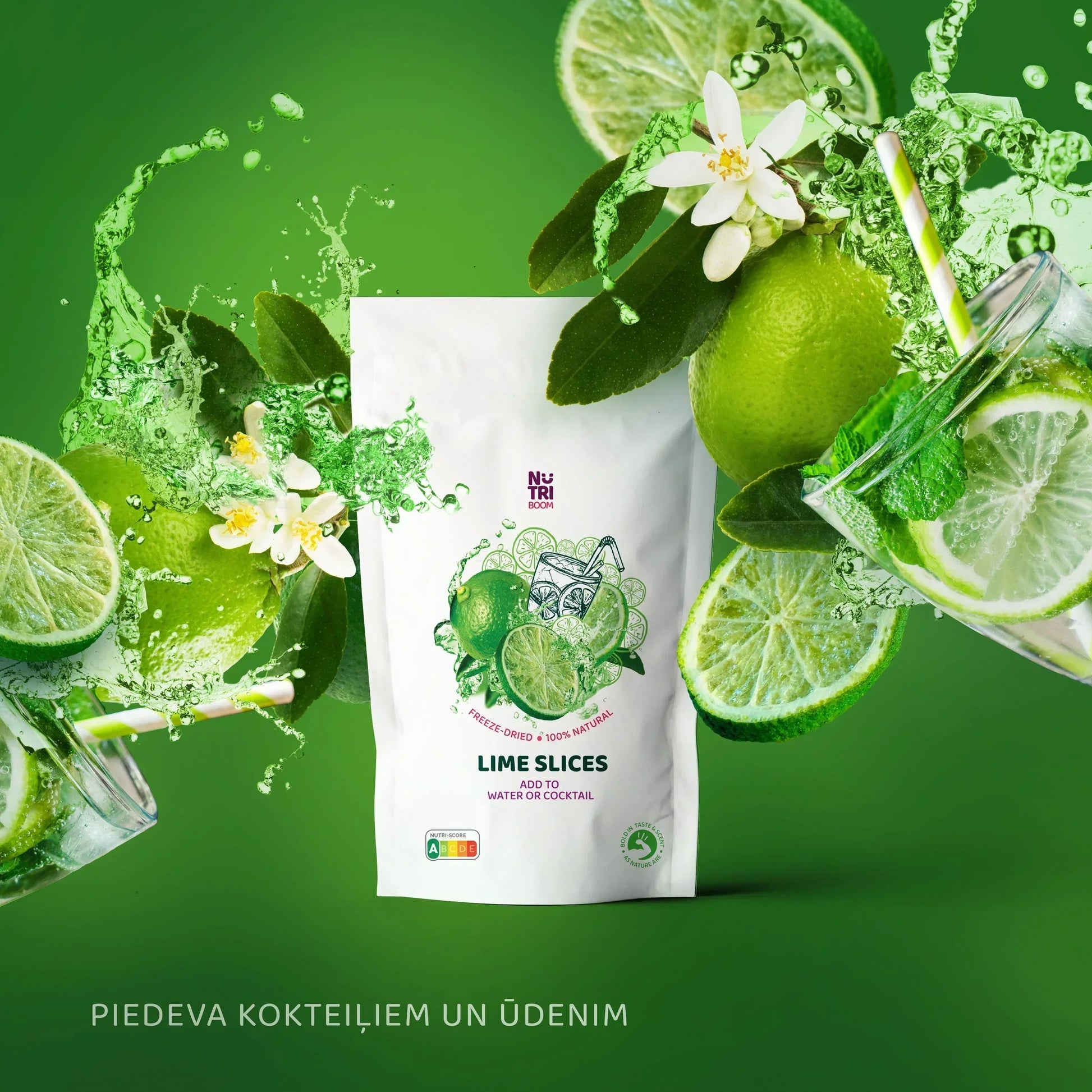 NutriBoom freeze-dried lime slices for water or cocktails, fresh limes and splashes