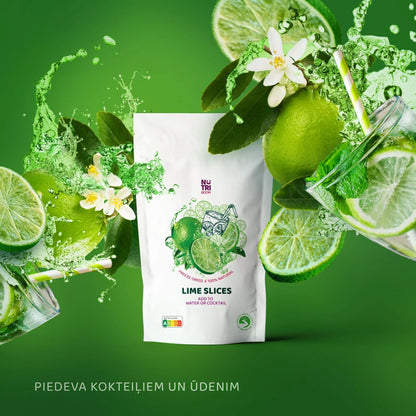 NutriBoom freeze-dried lime slices for water or cocktails, fresh limes and splashes