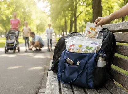 Assorted dried fruit snack packs in a blue bag on a park bench, ideal for on-the-go snacking