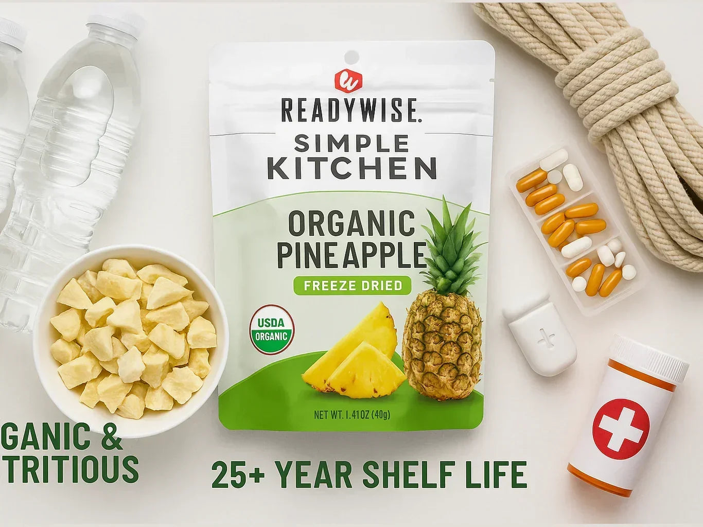 Freeze dried organic pineapple snack pack with water bottles, dried fruit bowl, vitamins, rope, and first aid supplies, emergency food setup