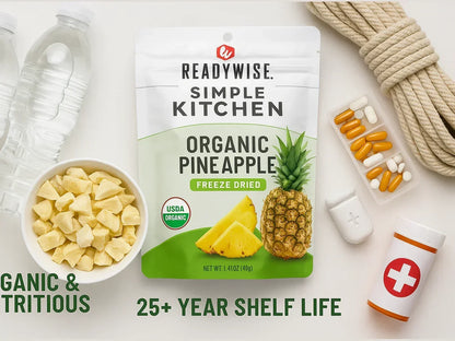 Freeze dried organic pineapple snack pack with water bottles, dried fruit bowl, vitamins, rope, and first aid supplies, emergency food setup