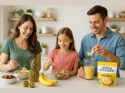 Family preparing breakfast with organic pineapple, fresh fruit, and cereal in a bright kitchen