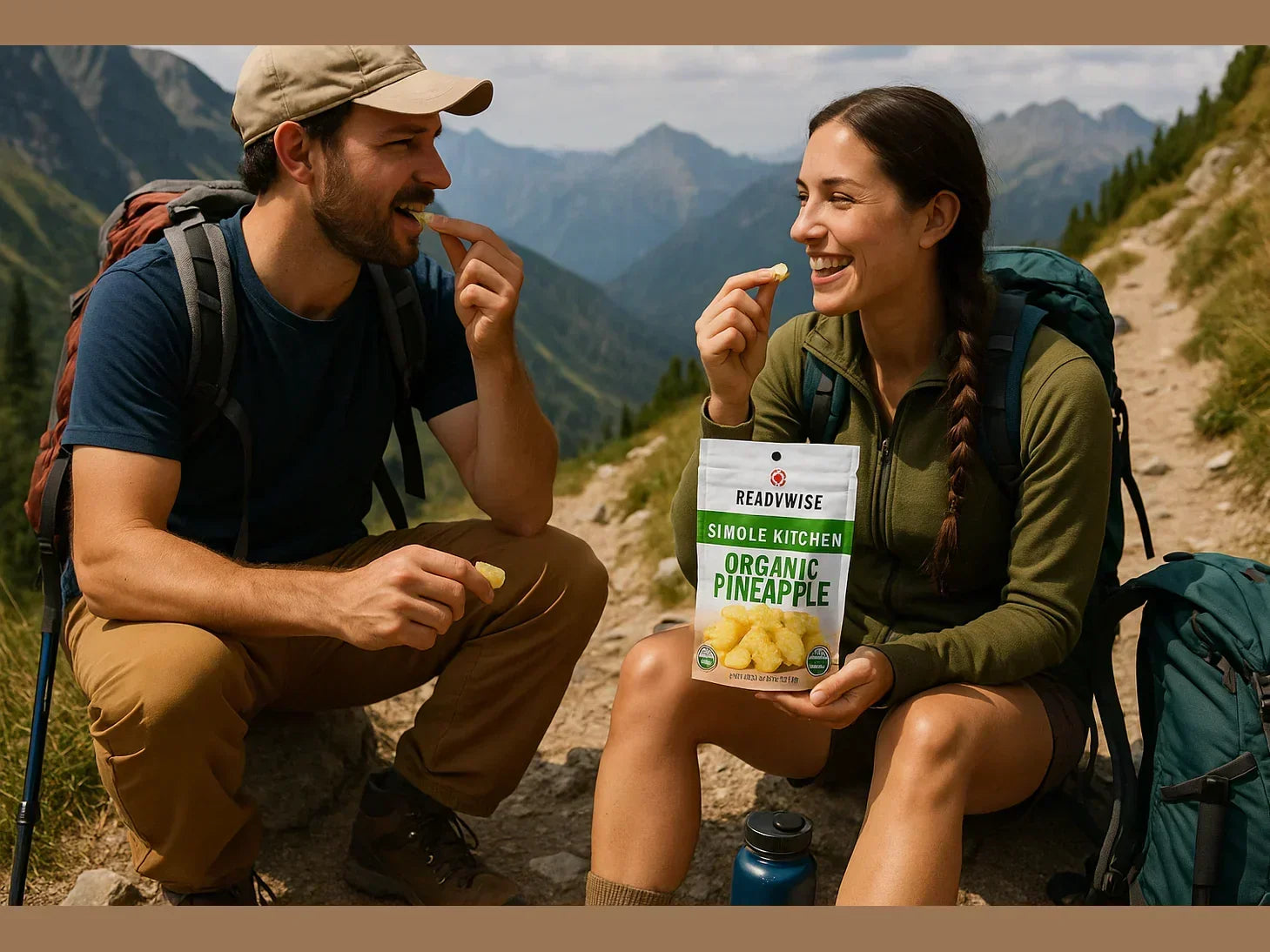 Hikers eating organic dried pineapple snack on a mountain trail with scenic view