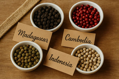 Four bowls of whole peppercorns from Madagascar, Cambodia, Indonesia on a wooden table