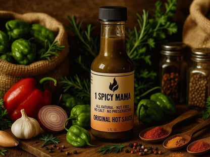 Original hot sauce bottle with spices, peppers, garlic, and herbs in a natural market setting