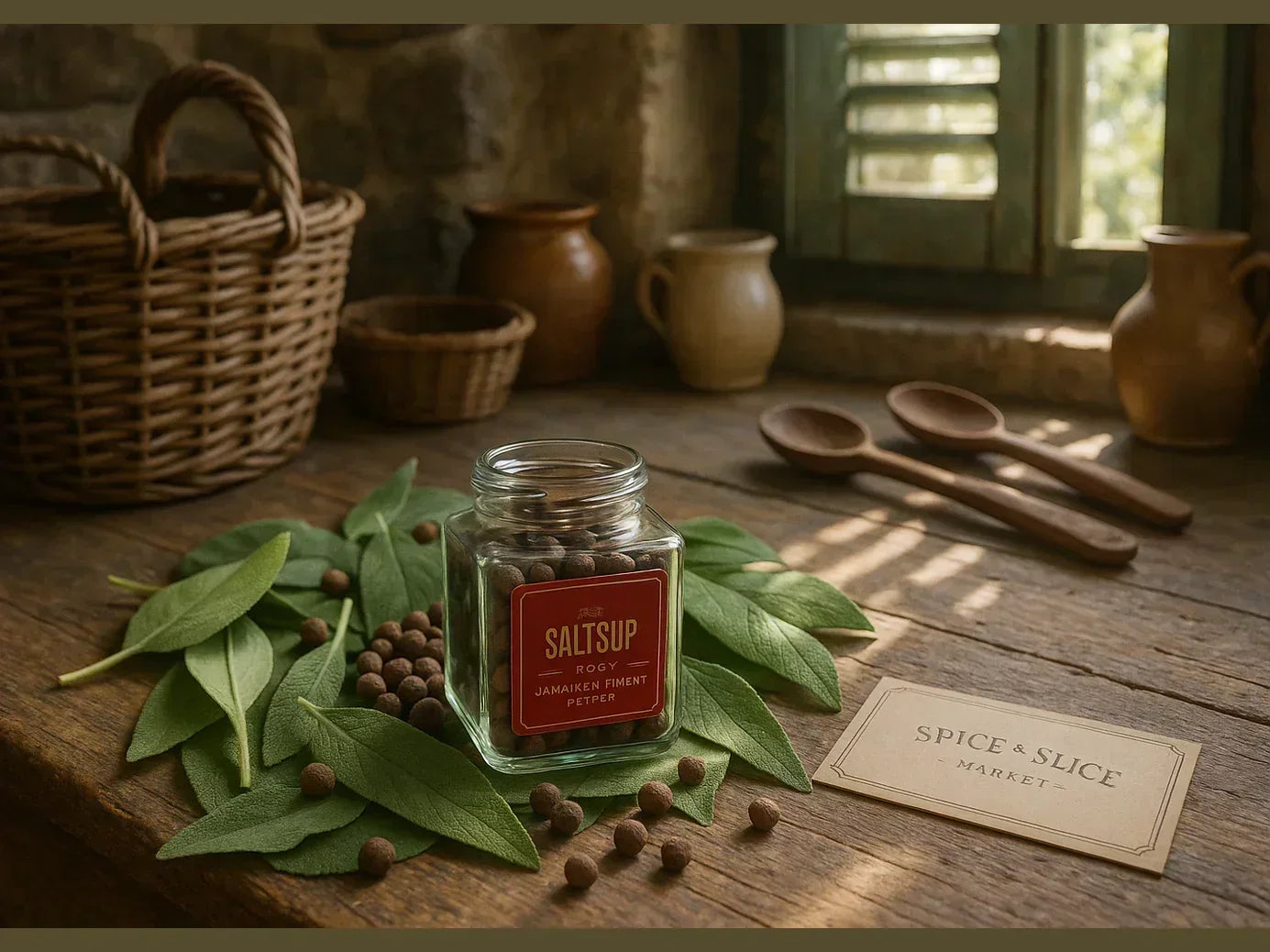 Glass jar of Jamaican allspice on rustic wooden table with bay leaves in French country kitchen