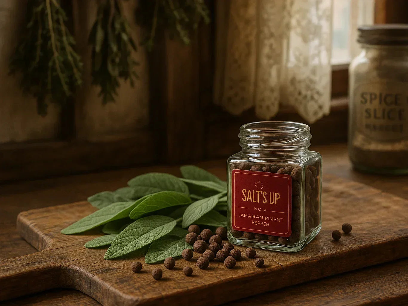 Jar of Jamaican allspice with fresh sage leaves on rustic wooden board in farmhouse kitchen