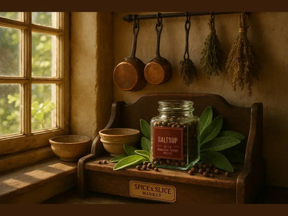 Glass jar of Jamaican allspice on rustic spice rack with herbs and wooden bowls