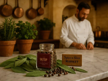 Jamaican allspice jar with fresh herbs on marble counter, chef in French kitchen background
