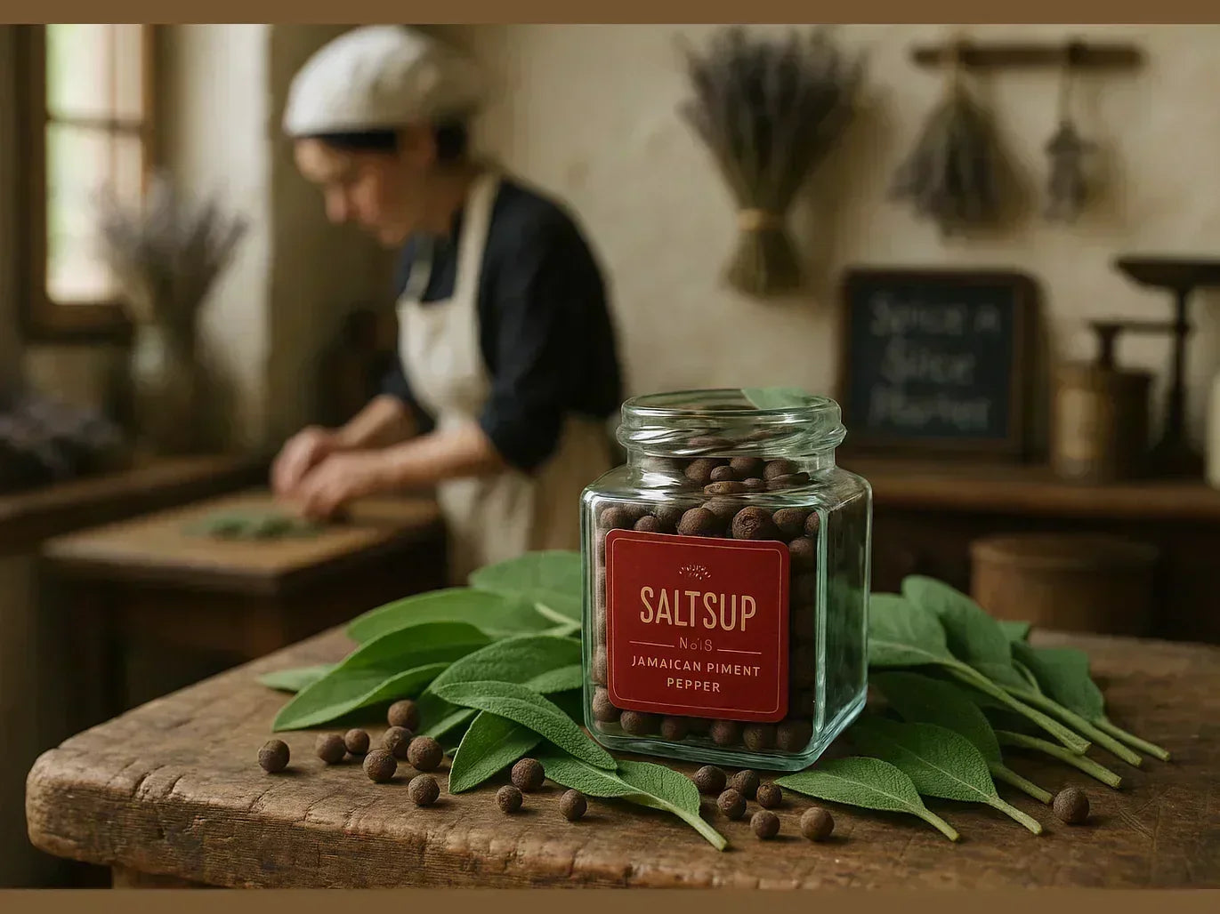 Glass jar of Jamaican allspice on sage leaves, female chef preparing herbs in rustic kitchen