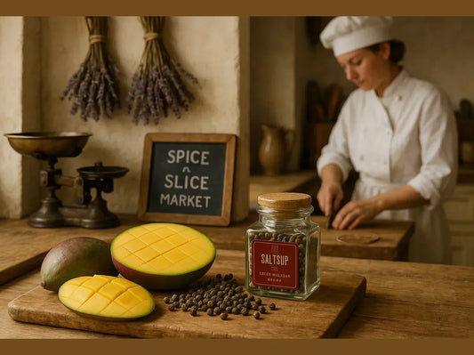 Female chef slicing ingredients in rustic kitchen with jar of peppercorns, mango, and spices.