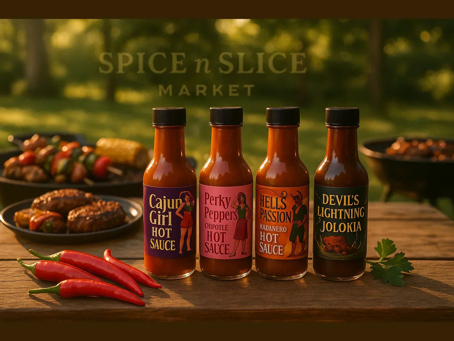Artisan hot sauce bottles on picnic table with BBQ food, chili peppers, outdoor setting