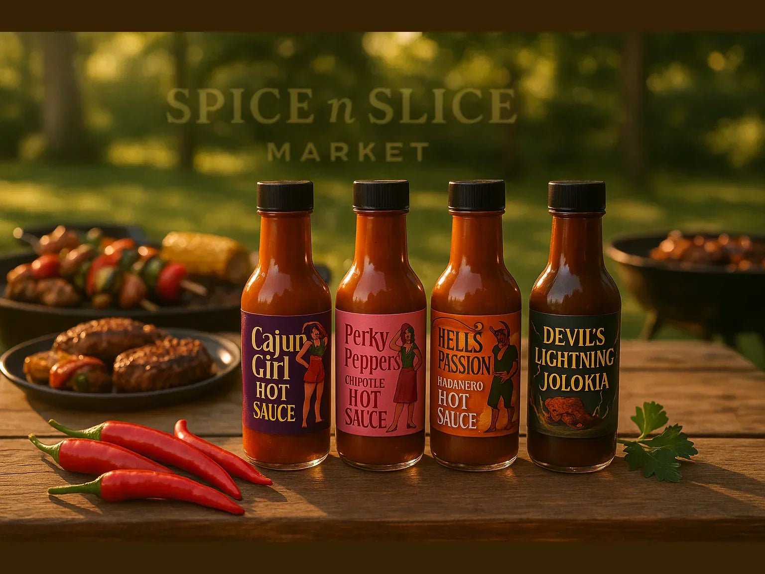 Artisan hot sauce bottles on picnic table with BBQ food, chili peppers, outdoor setting