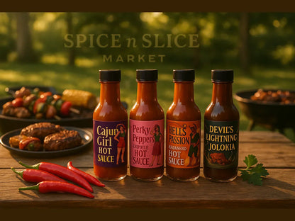 Artisan hot sauce bottles on picnic table with BBQ food, chili peppers, outdoor setting