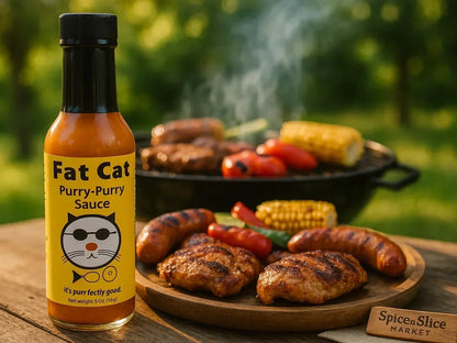 Fat Cat hot sauce bottle with grilled chicken, sausages, vegetables, and BBQ in outdoor setting.