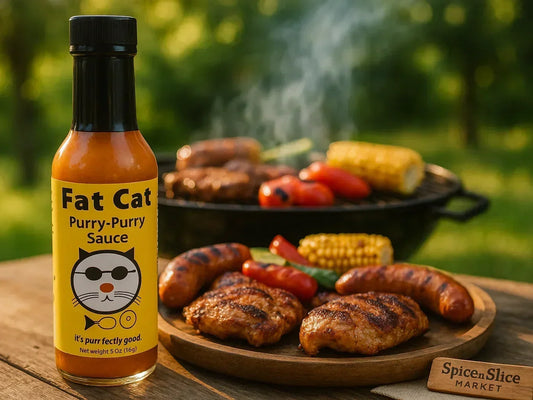 Fat Cat hot sauce bottle with grilled chicken, sausages, vegetables, and BBQ in outdoor setting.