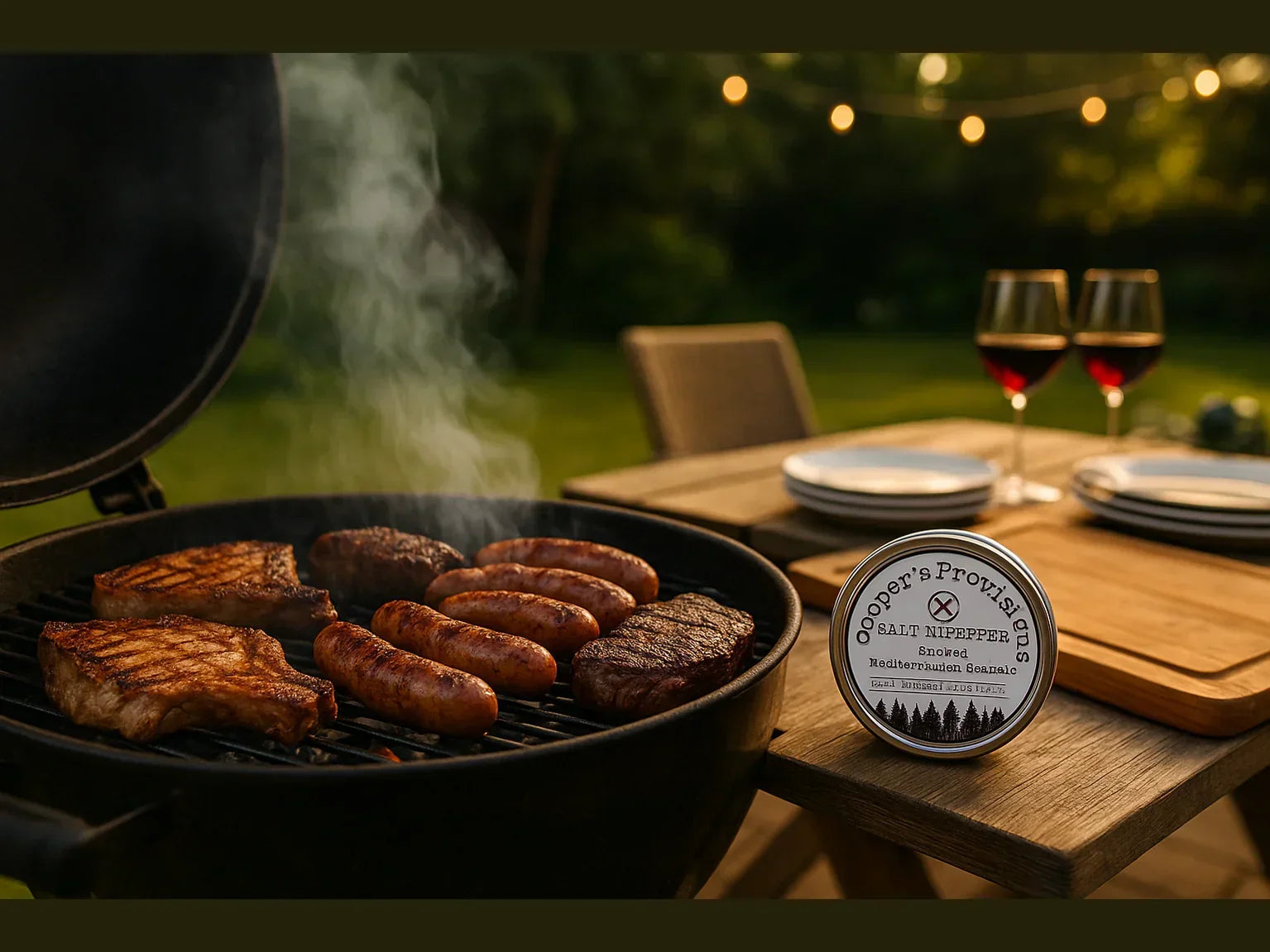 Outdoor BBQ with grilled steaks, sausages, spice tin, and glasses of red wine at sunset.