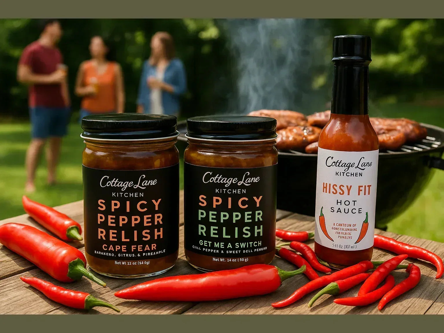 Outdoor barbecue scene with spicy pepper relish jars, hot sauce, and fresh red chili peppers on a wooden table, grill in background.