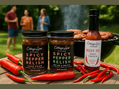 Outdoor barbecue scene with spicy pepper relish jars, hot sauce, and fresh red chili peppers on a wooden table, grill in background.