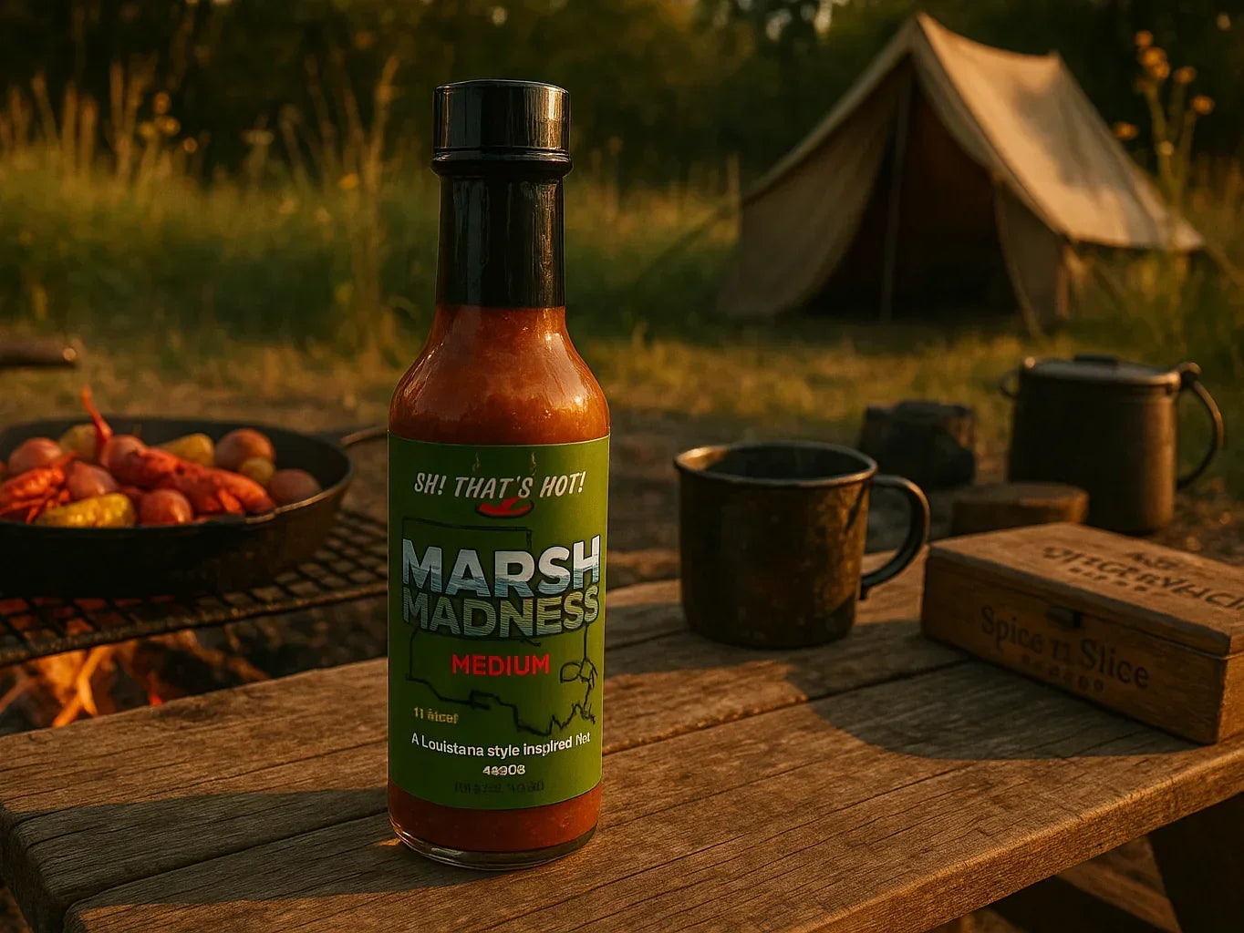Louisiana style hot sauce bottle on rustic picnic table with campfire BBQ and tent outdoors