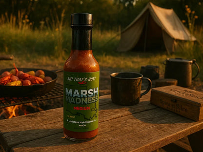 Louisiana style hot sauce bottle on rustic picnic table with campfire BBQ and tent outdoors